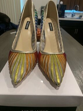 Nine West Rainbow Striped Pointed Pumps with Gold Trim